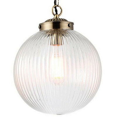  - Hanging Ceiling Pendant Light Brass & Ribbed Glass Large Round Lamp Shade Holder