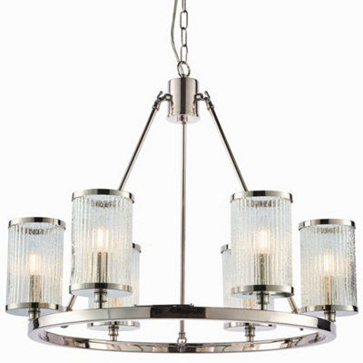6 Light Chandelier Pendant Nickel Ribbed Glass Shade Hanging Ceiling Lamp Holder from B&Q
