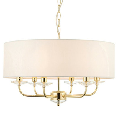  - Multi Light Ceiling Pendant 6 Bulb Brass & White Chandelier Large Shade Lamp