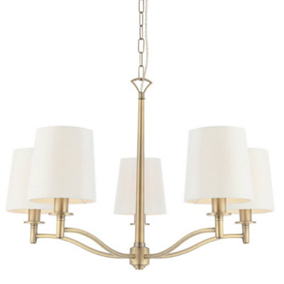 Multi Light Ceiling Pendant 5 Bulb Antique Brass & White Chandelier Lamp Shade from B&Q