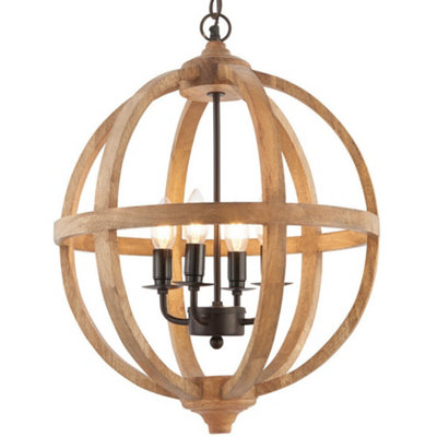 Multi Light Ceiling Pendant 4 Bulb Mango Wood & Bronze Solid Round Lamp Shade from B&Q