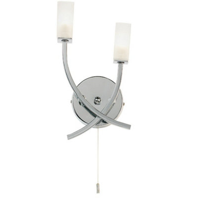  - Led Twin Wall Light Modern Chrome Arm & Frosted Oblong Glass Shade Lamp Lighting