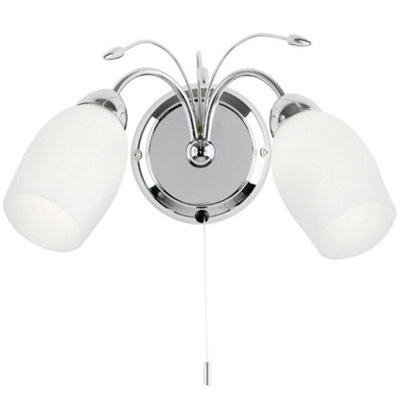  - Led Twin Wall Light Pretty Curved Arm Chrome & White Glass Shade Lamp Lighting
