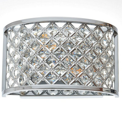 B&Q Crystal Cage Wall Chrome Glass Shade Modern Twin Bulb Lounge Lamp Fitting Light