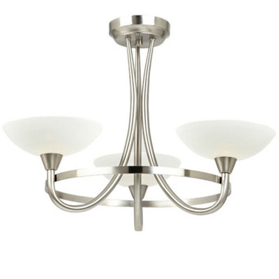 Semi Flush Ceiling Light Satin Chrome & White 3 Bulb Hanging Pendant Lamp Shade from B&Q