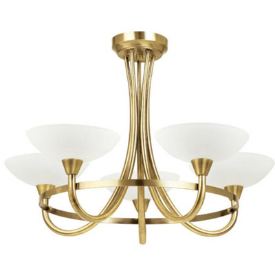 B&Q Semi Flush Ceiling Antique Brass & 5 Bulb Hanging Pendant Lamp Shade Light/White