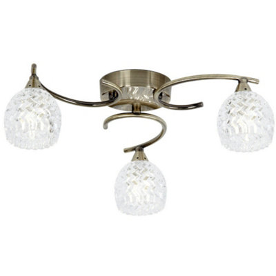 Semi Flush Ceiling Light Brass Textured Glass 3 Bulb Hanging Pendant Lamp Shade from B&Q