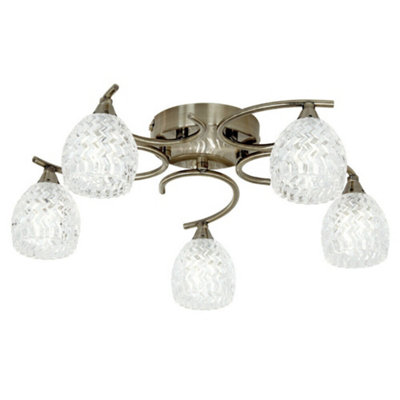 Semi Flush Ceiling Light Brass Textured Glass 5 Bulb Hanging Pendant Lamp Shade from B&Q