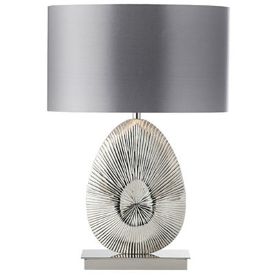 B&Q Unique Detailed Table Lamp Polished Nickel Base & Shade Modern Bedside Feature Grey