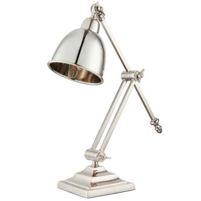 B&Q Adjustable Arm Table Lamp Polished Nickel Base Shade Bedside Feature Metal Light