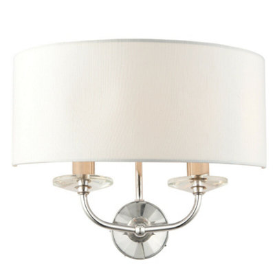 Dimmable Twin Wall Light Nickel & White Fabric Shade Curved Arm Lamp Fitting from B&Q