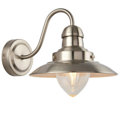 Modern Dimmable Wall Light Satin Nickel & Glass Shade Curved Arm Lamp Fitting from B&Q