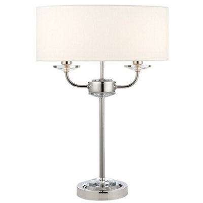 Twin Light Table Lamp Bright Nickel & White Shade Crystal Trim Bedside Feature from B&Q