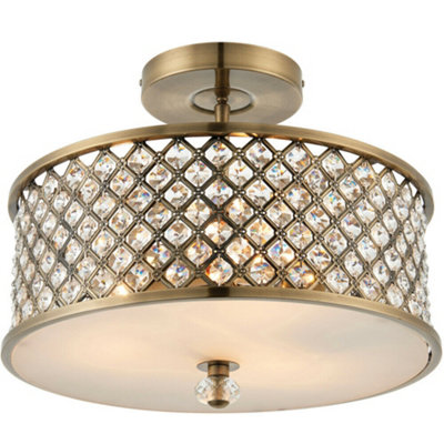 Flush Ceiling Mounted Light Antique Brass & Crystal Lamp Bulb Holder Round Shade from B&Q