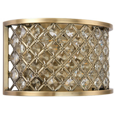 B&Q Crystal Cage Wall Brass & Glass Shade Modern Twin Bulb Lounge Lamp Fitting Light