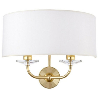 Dimmable Twin Wall Light Brass Glass White Fabric Shade Curved Arm Lamp Fitting from B&Q