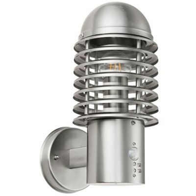 Ip44 Outdoor Wall Lamp Brushed Steel Caged Slotted Lantern Pir Move Porch Light from B&Q