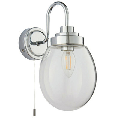  - Ip44 Bathroom Wall Light Chrome & Round Clear Glass Modern Curved Arm Oval Lamp