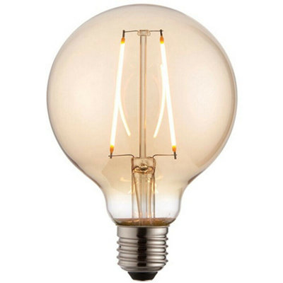  - 95mm Globe Led Filament Light Bulb Amber Glass E27 Screw 2W Warm White Lamp