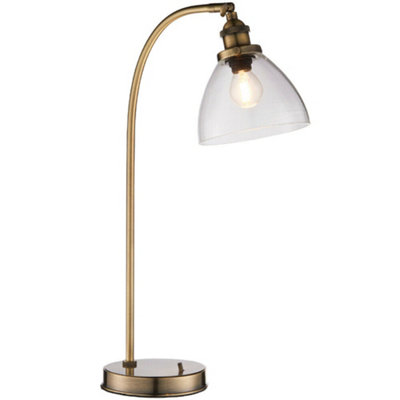 B&Q Industrial Curved Table Lamp Antique Brass & Glass Shade Modern Bedside Light