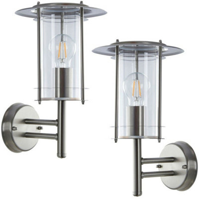  - 2 Pack Ip44 Outdoor Wall Light Stainless Steel Lantern Glass Round Outdoor Lamp