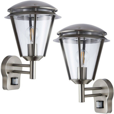  - 2 Pack Ip44 Outdoor Wall Lamp Brushed Steel Modern Pir Lantern Porch Curve Light
