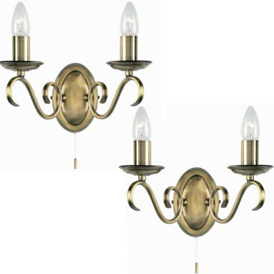  - 2 Pack Dimmable Led Twin Wall Light Antique Brass Vintage 2X Bulb Lamp Lighting