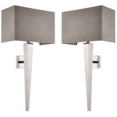 2 Pack Rectangular Dimmable Wall Light Chrome & Grey Shade Modern Bedside Lamp from B&Q