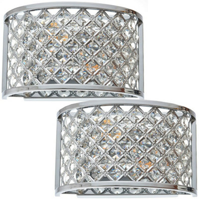  - 2 Pack Crystal Cage Wall Light Chrome Glass Shade Modern Twin Bulb Lounge Lamp