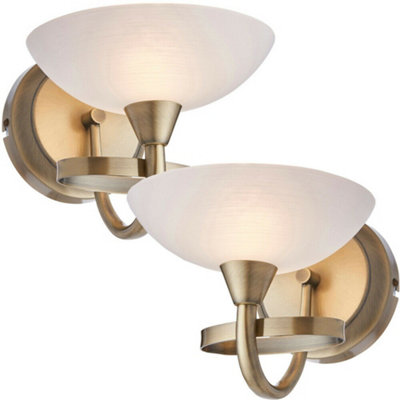  - 2 Pack Dimming Led Wall Light Brass & White Lined Glass Vintage Curved Lamp