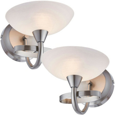  - 2 Pack Dimming Led Wall Light Satin Chrome & White Lined Glass Vintage Lamp