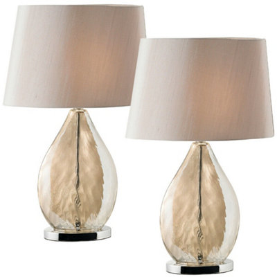 2 Pack Table Lamp & Shade Gold Tinted Glass & Mink Fabric Pretty Bedside Light from B&Q