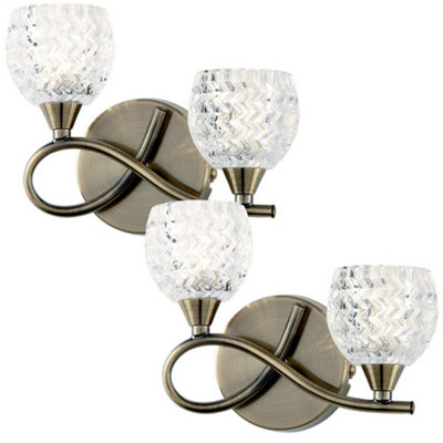  - 2 Pack Led Twin Wall Light Twist Arm Antique Brass Glass Pattern Dimming Lamp