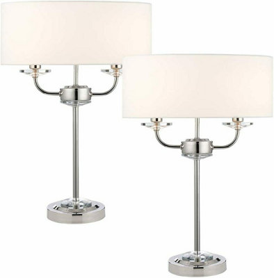 2 Pack Twin Light Table Lamp Bright Nickel & White Shade Crystal Trim Bedside from B&Q