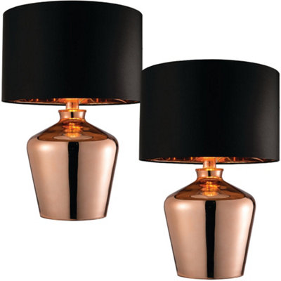 B&Q 2 Pack Modern Mirror Table Lamp Gloss Copper Glass & Shade Feature Bedside Black/Light