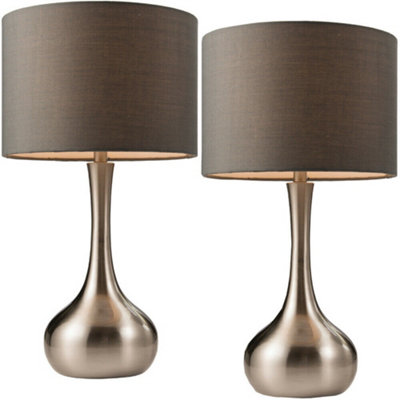  - 2 PackTouch Dimmer Table Lamp Satin Nickel & Grey Shade Metal Bedside Light