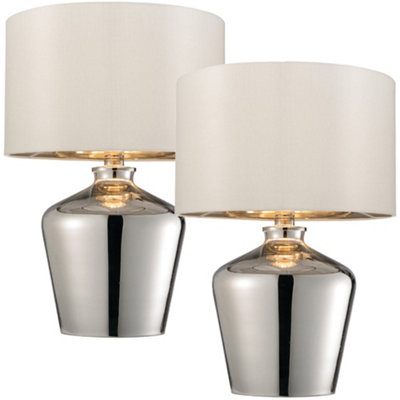 B&Q 2 Pack Modern Mirror Table Lamp Gloss Chrome Glass & Shade Feature Bedside Ivory/Light