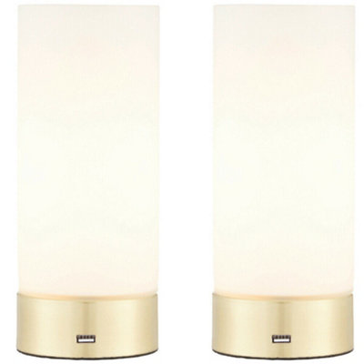  - 2 PackTouch Dimmable Table Lamp Brass & Frosted Glass Shade Light Usb Charger
