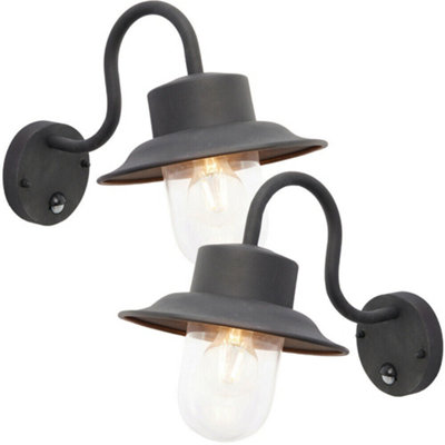 2 Pack Ip44 Outdoor Wall Lamp Black Steel Fisherman Pir Lantern Porch Curved from B&Q