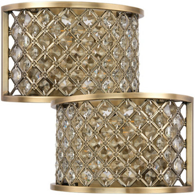  - 2 Pack Crystal Cage Wall Light Brass & Glass Shade Modern Twin Bulb Lounge Lamp