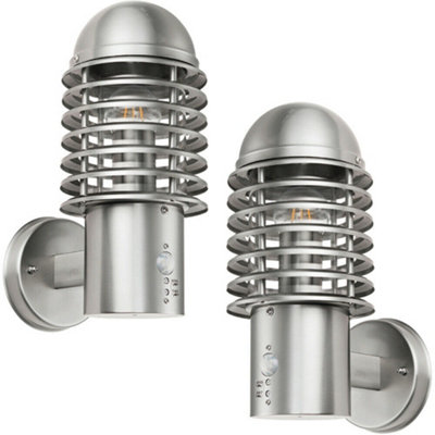 2 Pack Ip44 Outdoor Wall Lamp Brushed Steel Caged Lantern Pir Move Porch Light from B&Q