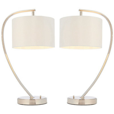 2 Pack Modern Curved Arm Table Lamp Nickel & White Shade Bedside Feature Light from B&Q