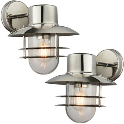  - 2 Pack Ip44 Outdoor Wall Lamp Stainless Steel Caged Glass Lantern Down Light