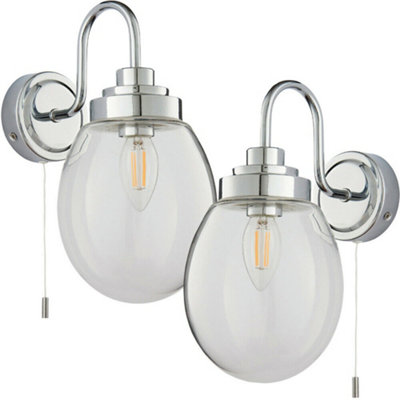  - 2 Pack Ip44 Bathroom Wall Light Chrome & Round Clear Glass Curved Arm Oval Lamp