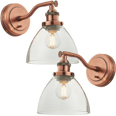 2 Pack Dimmable Led Wall Light Aged Copper & Glass Shade Adjustable Lamp Fitting from B&Q