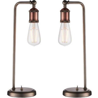  - 2 Pack Modern Hangman Table Lamp Aged Copper Pewter Industrial Arm Bedside Light