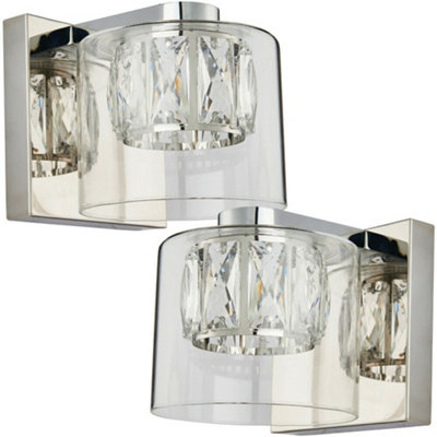  - 2 Pack Crystal Led Wall Light Square Chrome & Luxury Shade Glass Lamp Fitting