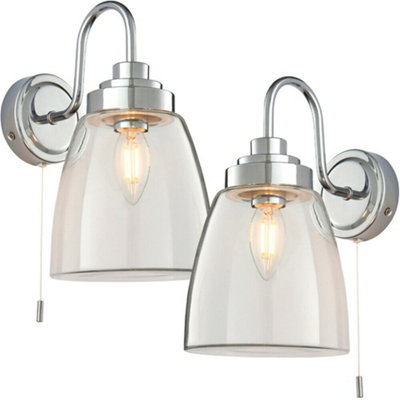 B&Q 2 Pack Ip44 Bathroom Wall Chrome & Domed Clear Glass Curved Arm Oval Lamp Light