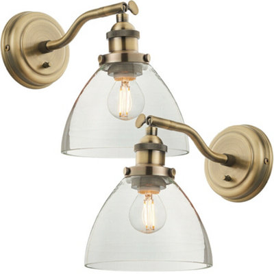 - 2 Pack Dimmable Led Wall Light Antique Brass Glass Shade Adjustable Lamp Fitting