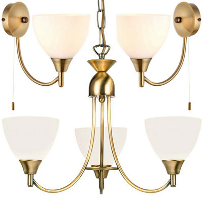  - 3 Lamp Ceiling & 2X Wall Light Pack Antique Brass Glass Matching Indoor Fittings